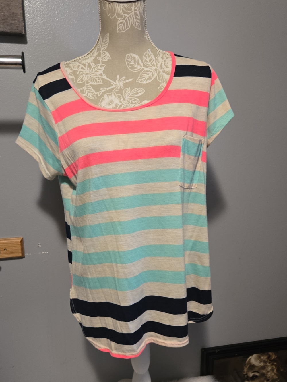 Blu Planet Striped Scoop Neck Tee in Neon Pink, Mint & Navy